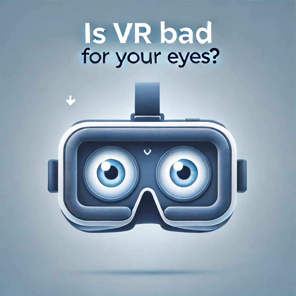 VR headset with concerned eyes visible through the lenses, text 'Is VR Bad for Your Eyes?' on a blue to white gradient background.